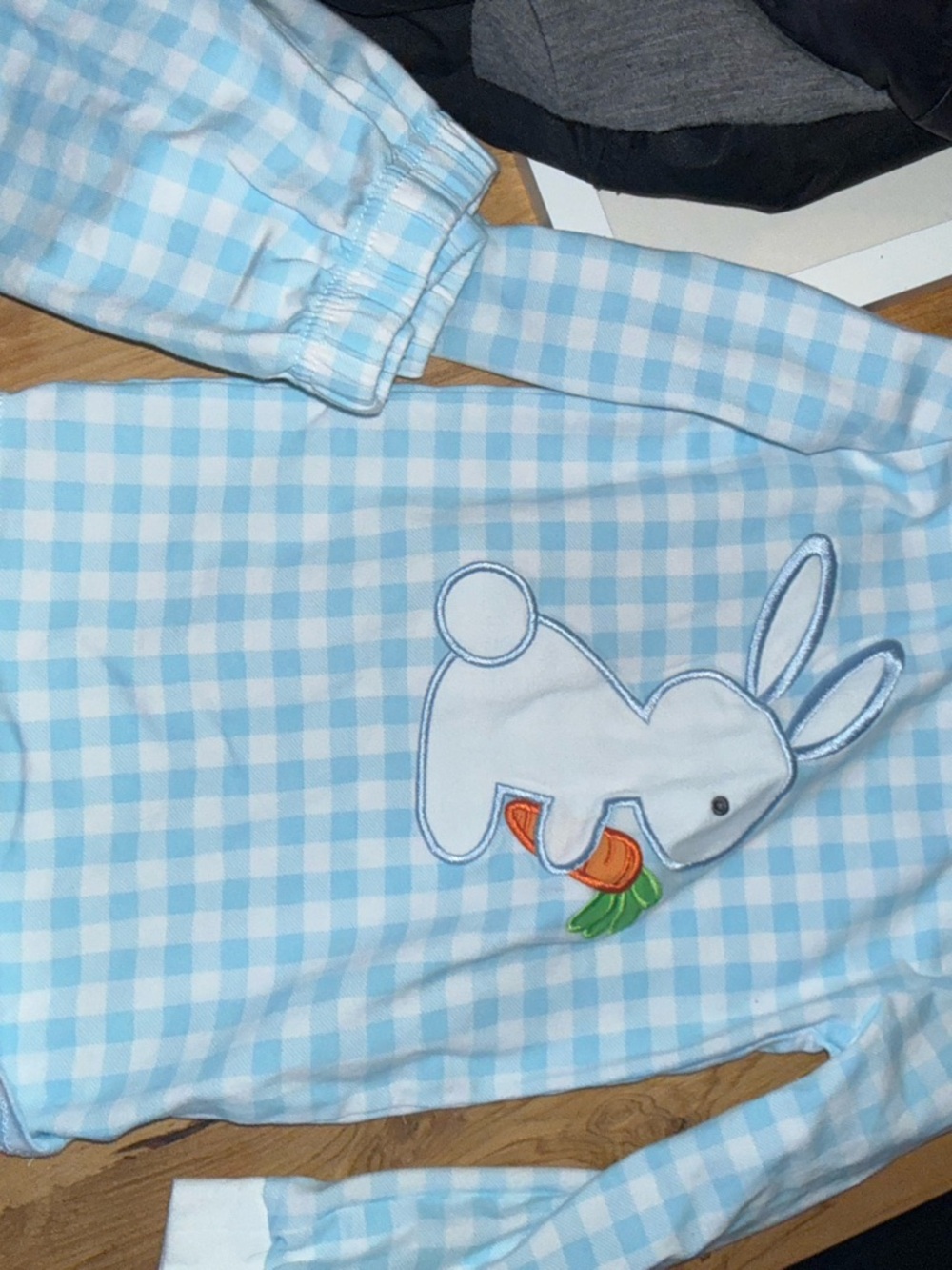 Light Blue Gingham Kids Pajama Top with Bunny Applique